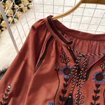 Buddha Stones Casual Embroidery Flower Leaf Pattern Women's Cotton Linen Round Neck T-shirt
