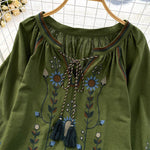 Buddha Stones Casual Embroidery Flower Leaf Pattern Women's Cotton Linen Round Neck T-shirt