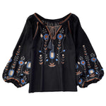 Buddha Stones Casual Embroidery Flower Leaf Pattern Women's Cotton Linen Round Neck T-shirt