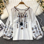Buddha Stones Casual Embroidery Flower Leaf Pattern Women's Cotton Linen Round Neck T-shirt