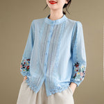 Buddha Stones Fall Lace Embroidery Flower Leaf Pattern Stand Collar Buttons Women's Long Sleeve Shirt