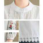 Buddha Stones Fall Lace Embroidery Flower Leaf Pattern Stand Collar Buttons Women's Long Sleeve Shirt