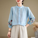 Buddha Stones Fall Lace Embroidery Flower Leaf Pattern Stand Collar Buttons Women's Long Sleeve Shirt