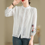 Buddha Stones Fall Lace Embroidery Flower Leaf Pattern Stand Collar Buttons Women's Long Sleeve Shirt