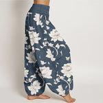 Buddha Stones Pure Cotton Beige Lotus Pattern Women's Elastic Waist Harem Pants