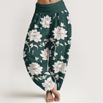 Buddha Stones Pure Cotton Beige Lotus Pattern Women's Elastic Waist Harem Pants