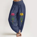 Buddha Stones Pure Cotton Strong Color Contrast Lotus Flower Pattern Women's Elastic Waist Harem Pants