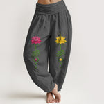 Buddha Stones Pure Cotton Strong Color Contrast Lotus Flower Pattern Women's Elastic Waist Harem Pants