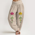 Buddha Stones Pure Cotton Strong Color Contrast Lotus Flower Pattern Women's Elastic Waist Harem Pants