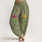 Buddha Stones Pure Cotton Strong Color Contrast Lotus Flower Pattern Women's Elastic Waist Harem Pants