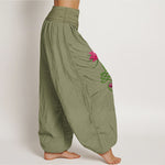 Buddha Stones Pure Cotton Strong Color Contrast Lotus Flower Pattern Women's Elastic Waist Harem Pants