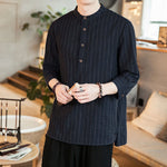 Buddha Stones Plaid Half Buttons Stand Collar Three Quarter Sleeve Cotton Men's Shirt