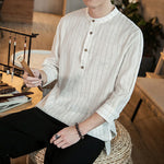 Buddha Stones Plaid Half Buttons Stand Collar Three Quarter Sleeve Cotton Men's Shirt