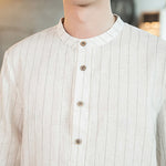 Buddha Stones Plaid Half Buttons Stand Collar Three Quarter Sleeve Cotton Men's Shirt