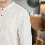 Buddha Stones Plaid Half Buttons Stand Collar Three Quarter Sleeve Cotton Men's Shirt