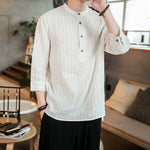 Buddha Stones Plaid Half Buttons Stand Collar Three Quarter Sleeve Cotton Men's Shirt
