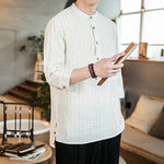 Buddha Stones Plaid Half Buttons Stand Collar Three Quarter Sleeve Cotton Men's Shirt