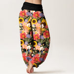 Buddha Stones Pure Cotton Colorful Sunflower Daisy Small Red Purple Flowers Pattern Women's Elastic Waist Harem Pants