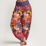 Buddha Stones Pure Cotton Colorful Sunflower Daisy Small Red Purple Flowers Pattern Women's Elastic Waist Harem Pants