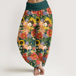 Buddha Stones Pure Cotton Colorful Sunflower Daisy Small Red Purple Flowers Pattern Women's Elastic Waist Harem Pants