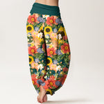 Buddha Stones Pure Cotton Colorful Sunflower Daisy Small Red Purple Flowers Pattern Women's Elastic Waist Harem Pants