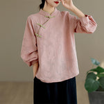 Buddha Stones Spring Traditional Floral Frog-Button Stand Collar Long Sleeve Women's Cotton Shirt