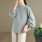 Buddha Stones Spring Traditional Floral Frog-Button Stand Collar Long Sleeve Women's Cotton Shirt