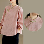 Buddha Stones Spring Traditional Floral Frog-Button Stand Collar Long Sleeve Women's Cotton Shirt