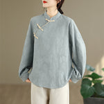 Buddha Stones Spring Traditional Floral Frog-Button Stand Collar Long Sleeve Women's Cotton Shirt