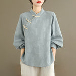 Buddha Stones Spring Traditional Floral Frog-Button Stand Collar Long Sleeve Women's Cotton Shirt