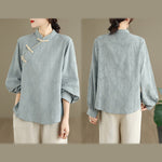 Buddha Stones Spring Traditional Floral Frog-Button Stand Collar Long Sleeve Women's Cotton Shirt