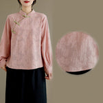 Buddha Stones Spring Traditional Floral Frog-Button Stand Collar Long Sleeve Women's Cotton Shirt