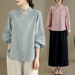 Buddha Stones Spring Traditional Floral Frog-Button Stand Collar Long Sleeve Women's Cotton Shirt