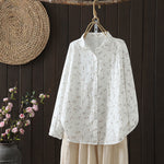 Buddha Stones Fall Small Floral Pattern Buttons Down Design Long Sleeve Women's Cotton Shirt