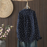 Buddha Stones Fall Small Floral Pattern Buttons Down Design Long Sleeve Women's Cotton Shirt