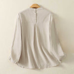 Buddha Stones Fall Plain Crew Neck Back Three Buttons Design Women's Cotton Long Sleeve Shirt