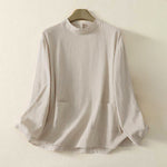 Buddha Stones Fall Plain Crew Neck Back Three Buttons Design Women's Cotton Long Sleeve Shirt