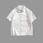 Buddha Stones Calligraphy Print Pattern Metal Bar Frog Closure Design Short Sleeve Men's Shirt With Pocket