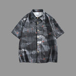 Buddha Stones Calligraphy Print Pattern Metal Bar Frog Closure Design Short Sleeve Men's Shirt With Pocket