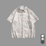 Buddha Stones Calligraphy Print Pattern Metal Bar Frog Closure Design Short Sleeve Men's Shirt With Pocket