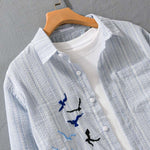 Buddha Stones Embroidery Bird Striped Pattern Long Sleeve Men's Cotton Shirt With Pocket