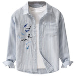 Buddha Stones Embroidery Bird Striped Pattern Long Sleeve Men's Cotton Shirt With Pocket