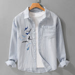 Buddha Stones Embroidery Bird Striped Pattern Long Sleeve Men's Cotton Shirt With Pocket