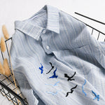 Buddha Stones Embroidery Bird Striped Pattern Long Sleeve Men's Cotton Shirt With Pocket