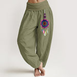 Buddha Stones Colorful Dreamcatchers Pattern Pure Cotton Women's Elastic Waist Harem Pants