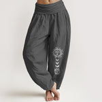 Buddha Stones Bohemian Sun Moon Pattern Women's Elastic Waist Harem Pure Cotton Pants
