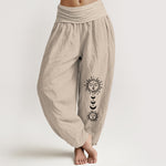 Buddha Stones Bohemian Sun Moon Pattern Women's Elastic Waist Harem Pure Cotton Pants