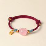 Buddha Stones Cat Fu Character Silver Sheen Obsidian Pink Crystal String Protection Bracelet