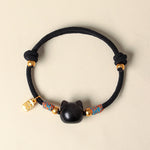 Buddha Stones Cat Fu Character Silver Sheen Obsidian Pink Crystal String Protection Bracelet