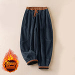 Buddha Stones Color Contrast Corduroy Cotton Women's Thermal Fleece-Lined Harem Pants With Pockets